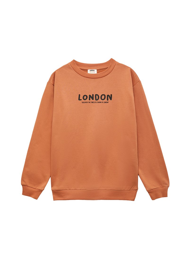 Oranje sweatshirt met een ronde hals en lange mouwen. Op de voorkant staat "LONDEN" in het zwart, met daaronder een slogan.