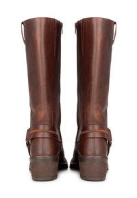 Brown leather knee-high boots with a smooth texture, side zippers, and buckle accents. Square heel with a stacked design.