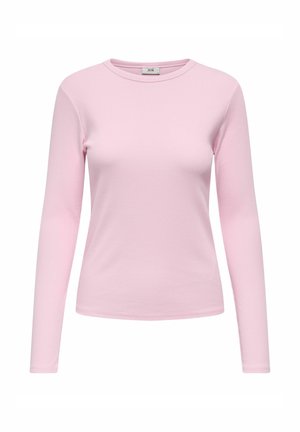 Maglietta a maniche lunghe rosa realizzata in cotone a coste, con collo rotondo e design aderente. Texture semplice e liscia senza dettagli aggiuntivi.