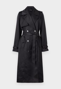Cappotto lungo nero realizzato in tessuto liscio, caratterizzato da una chiusura doppiopetto con bottoni argentati, una vita con cintura e ampi rever.