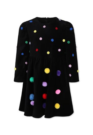 Abito in velluto nero con maniche lunghe, caratterizzato da pallini pom-pom colorati in rosso, giallo, verde, viola, rosa e blu. Chiusura con zip sul retro.