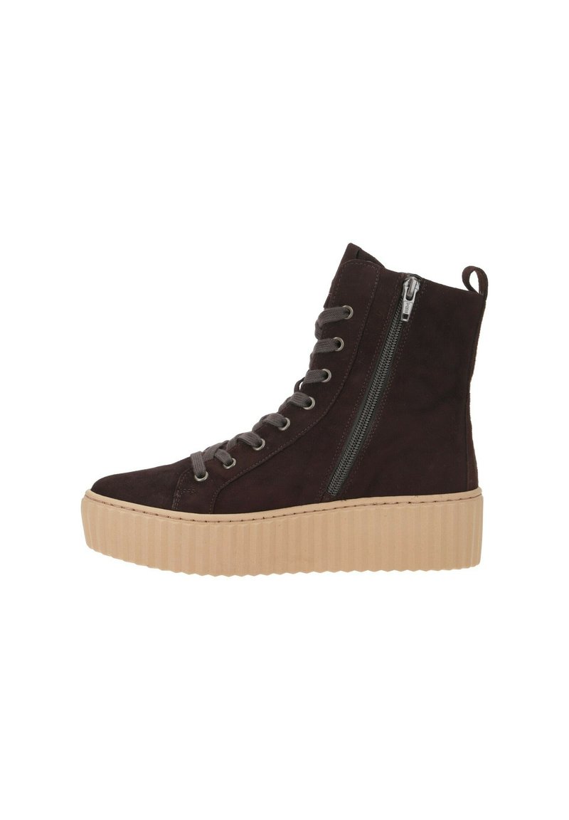Dark brown suede high-top sneakers featuring front laces, side zipper, and a stacked beige platform sole with ribbed texture.