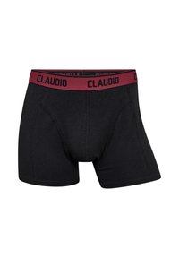 Sorte boxer briefs lavet af blødt stof, med et bordeauxfarvet elastikbånd med "CLAUDIO" tekst, og en tætsiddende design uden synlige mønstre.