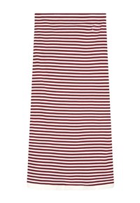 Pamučna suknja sa prugama u crvenoj i bijeloj boji. Ima horizontalne pruge različitih širina i rebrastu teksturu s bijelim rubom i detaljem logotipa.