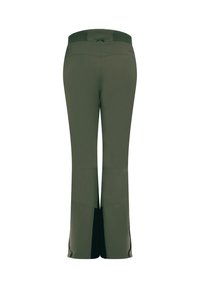 Olijfgroene broek met een brede tailleband, voorzien van een splitdetail aan de onderkant en contrasterende zwarte accenten op de onderbenen.