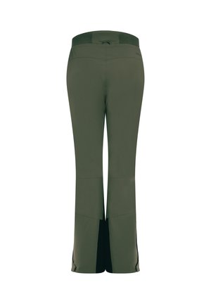 Olivgrüne Hosen mit weitem Bund, die am Saum eine Schlitzdetail und kontrastierende schwarze Akzente an den Unterschenkeln aufweisen.