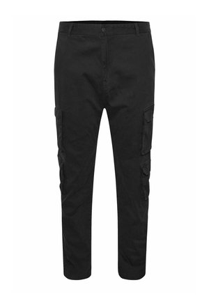 Schwarze Cargo-Hose mit geradem Bein, Gürtelschlaufen, vorderem Knopf- und Reißverschluss und mehreren Klappentaschen an den Seiten.
