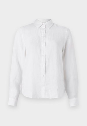 Bílá lněná košile s dlouhým rukávem, s knoflíkovým zapínáním vpředu, límcem a mírně volným střihem. Texturovaná tkanina s jemnými vráskami.