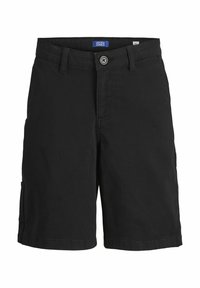 Zwarte shorts van katoen, met een knoopsluiting, riemlussen en zijzakken. Gladde textuur met een rechtstaande snit en zonder patronen.