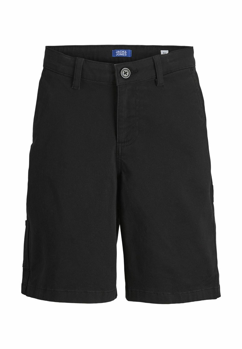 Zwarte shorts van katoen, met een knoopsluiting, riemlussen en zijzakken. Gladde textuur met een rechtstaande snit en zonder patronen.