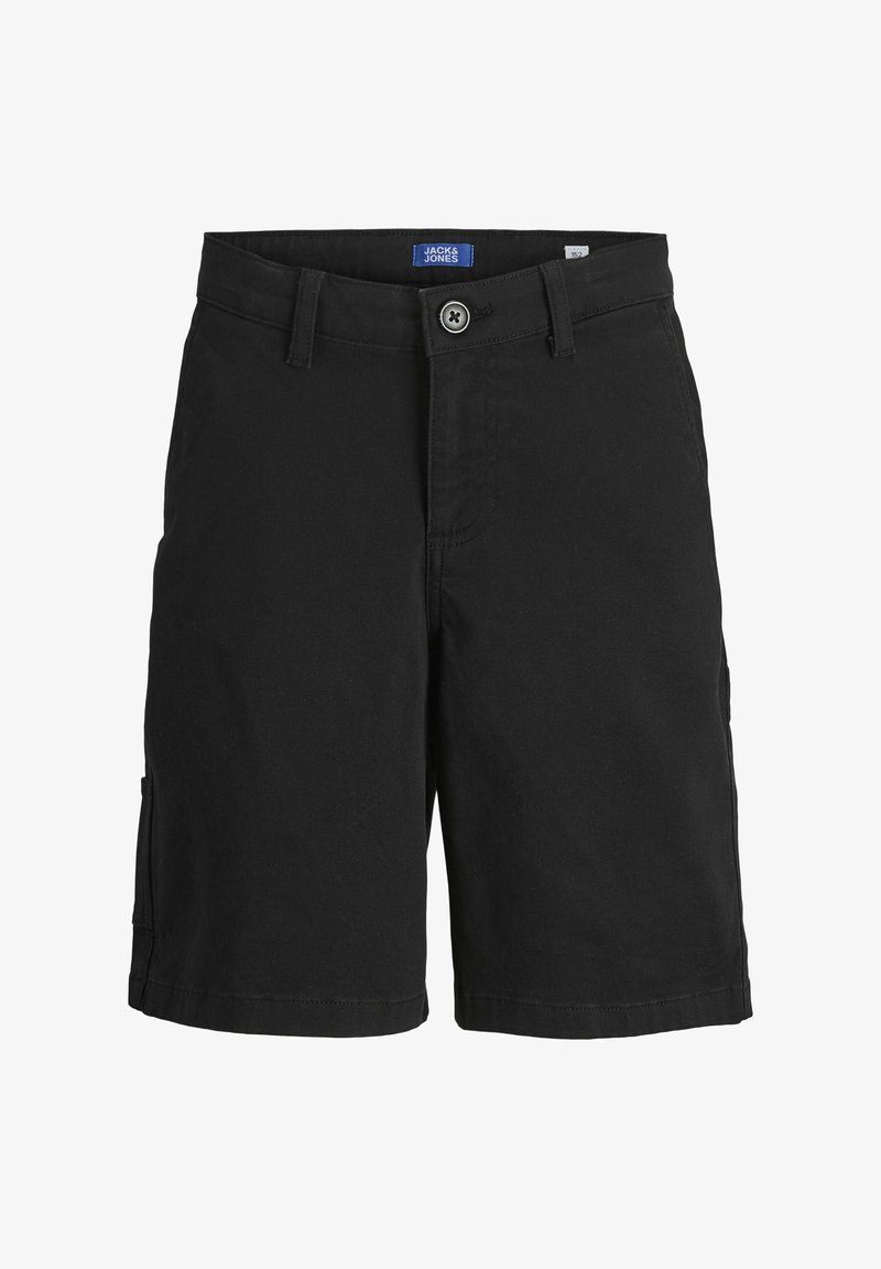 Sorte shorts lavet af bomuld, med knaplukning, bæltestropper og sidelommer. Glat tekstur med lige snit og uden mønstre.