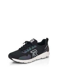 Scarpa sportiva nera con tomaia in rete e design gradiente, logo bianco e suola texturizzata per aderenza e supporto.