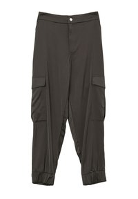 Pantaloni cargo grigio scuro realizzati in tessuto leggero, con polsini elasticizzati, chiusura anteriore con bottone e due tasche laterali.