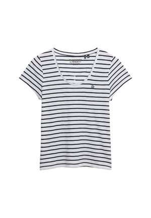 Weißes Baumwoll-T-Shirt mit marineblauen horizontalen Streifen, kurzen Ärmeln und einem Rundhalsausschnitt. Mit einem kleinen Logo auf der linken Brust.