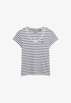 Camiseta blanca de algodón con rayas horizontales azul marino, mangas cortas y escote redondo. Cuenta con un pequeño logo en el pecho izquierdo.