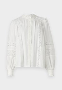 Weiße Bluse mit langen Puffärmeln, die mit Spitze verziert ist und einen Knopfverschluss an der Vorderseite hat. Strukturierter Stoff mit weicher Oberfläche.