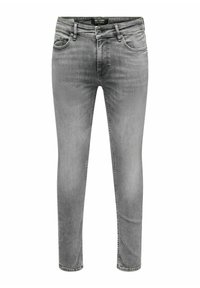 Jeans in denim grigio con una vestibilità slim, design a cinque tasche e cuciture a contrasto. Presentano una vita classica e chiusura con bottone.