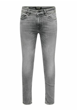 Grå denim jeans med slim fit, fem-lomme design og kontrastsyning. Har en klassisk talje og knaplukning.