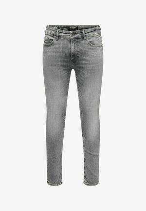 Szare dżinsy o dopasowanym kroju, z pięcioma kieszeniami i kontrastowymi stembotami. Charakteryzują się klasycznym pasem i zapięciem na guzik.