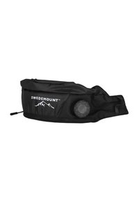 Black adjustable waist bag made of durable fabric. Features a front logo and a round fastener for securing contents. Compact design.