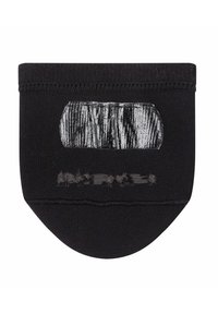 Schwarzes Stoffpatch mit abgerundetem Boden, das ein strukturiertes Design in grauen und weißen horizontalen Streifen nahe dem Zentrum und Boden aufweist.