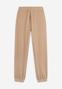 Pantaloni beige in tessuto texturizzato con una cintura elastica e polsini arricciati alle caviglie, caratterizzati da un sottile motivo a coste in tutta la loro superficie.