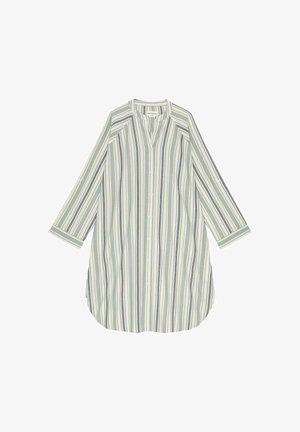 Stīpains krekls gaiši zaļā, zilā un pelēkā krāsā ar V veida kaklu, pogājamu priekšpusi un trim ceturtdaļas garuma piedurknēm. Izgatavots no viegla auduma.