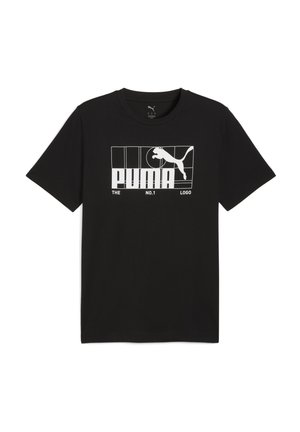 Črna bombažna majica s kratkimi rokavi, ki ima bel grafični potisk logotipa Puma in besedilo "THE NO.1 LOGO" znotraj pravokotnih okvirjev.