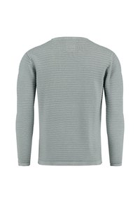 Maglia a maniche lunghe grigia chiara con un motivo a righe testurizzato e scollo rotondo. Il materiale sembra morbido e elastico. Nessun logo o grafica visibili.