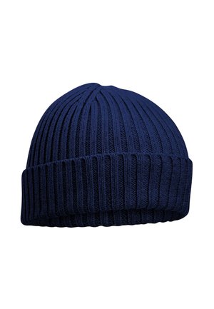 Navy blue knitted beanie with ribbed texture, featuring a folded cuff. Made of soft, flexible material for comfort and warmth.