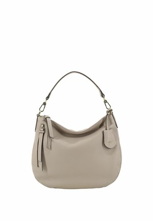 Beige leather handbag with a curved shape, short handle, and zippered pocket. Features a subtle textured finish and gold-tone hardware.