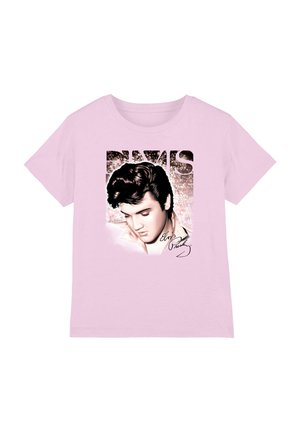 Light pink t-shirt with a graphic of a man with styled black hair looking down, "Elvis Presley" signature and name above.