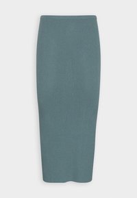 Jupe côtelée, longueur genou, dans une couleur teal atténuée. Présente un design ajusté et extensible sans coutures ni ornements visibles.