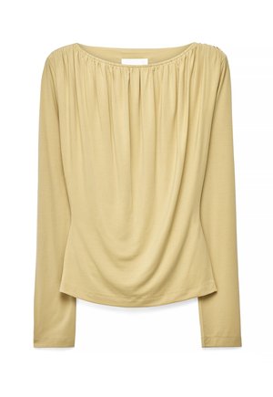 Beige long-sleeve blouse with gathered neckline and soft draped fabric, designed for a relaxed fit.