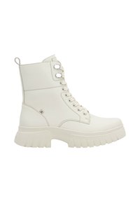 White ankle boots made of synthetic leather with a chunky sole, lace-up design, and a small loop at the back for easy wear.