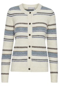 Svītrainā džemperis krēmkrāsā, ar ziliem un brūniem svītrām, apaļa kakla izgriezums un pogu aizdare. Mīksta tekstūra ar ribotām aprocēm.