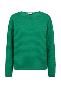 Groene trui met textuur en een ronde hals, met een hobbelig patroon, lange mouwen en een rechte zoom. Gemaakt van een zachte gebreide stof.