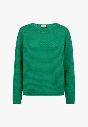 Groene trui met textuur en een ronde hals, met een hobbelig patroon, lange mouwen en een rechte zoom. Gemaakt van een zachte gebreide stof.