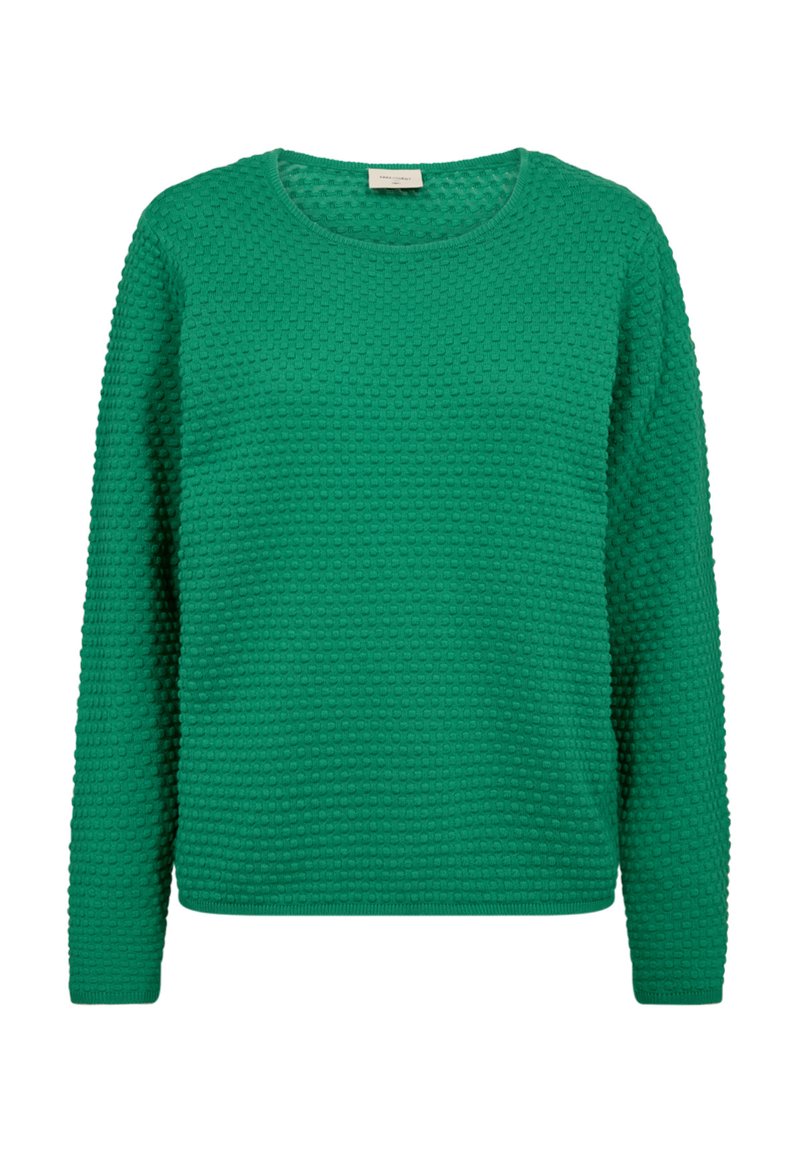 Groene trui met textuur en een ronde hals, met een hobbelig patroon, lange mouwen en een rechte zoom. Gemaakt van een zachte gebreide stof.