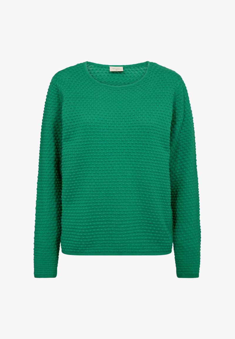 Groene trui met textuur en een ronde hals, met een hobbelig patroon, lange mouwen en een rechte zoom. Gemaakt van een zachte gebreide stof.