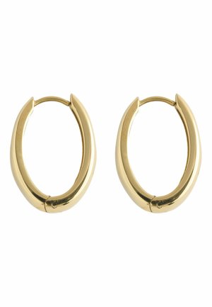 Pair of smooth, shiny gold hoop earrings with a slightly flattened oval shape and a hinge clasp closure.