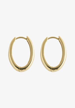 Pair of smooth, shiny gold hoop earrings with a slightly flattened oval shape and a hinge clasp closure.