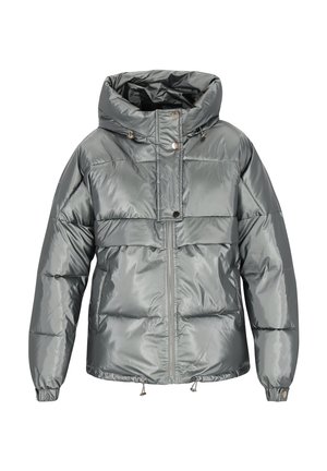 Vaatteet tyylikkäässä harmaassa kiiltävässä materiaalissa, jossa on pehmustettu huppu, vetoketjusuljenta ja neppariknappikiinnitys. Hihansuissa on elastiset rannetapit ja helma on varustettu kiristysnauhalla.