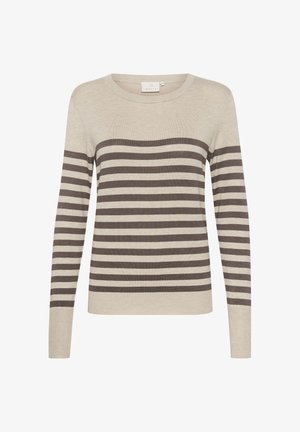Maglione beige con larghe righe marroni, maniche lunghe e collo rotondo. Realizzato in un tessuto morbido con una leggera texture.