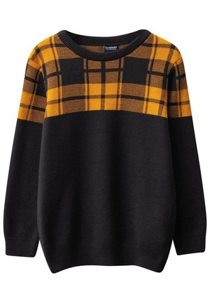 Czarny sweter z długim rękawem z pomarańczowo-czarnym wzorem w kratę na piersi i ramionach, z okrągłym dekoltem.