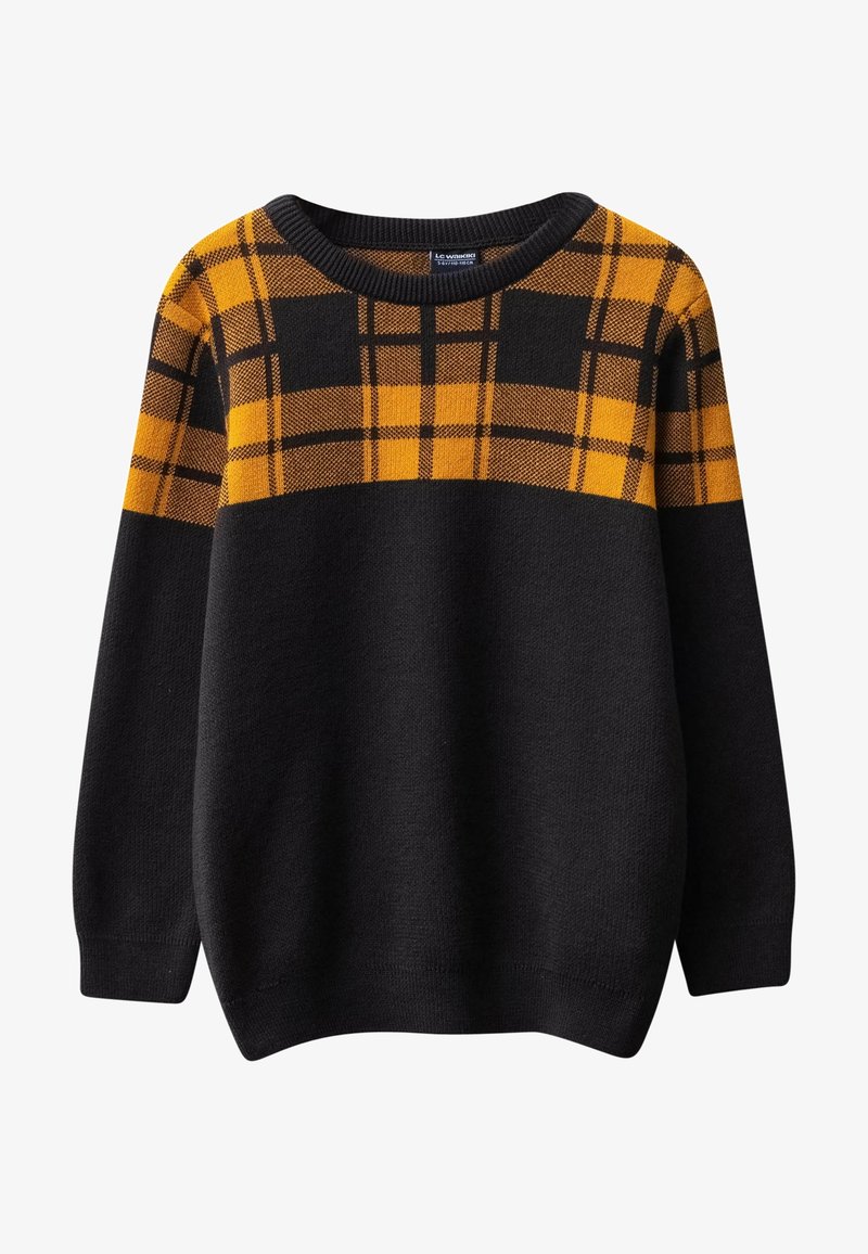 Pull noir à manches longues avec un motif à carreaux orange et noir sur la poitrine et les épaules, col rond.