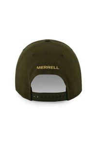 Czapka w oliwkowym kolorze z regulowanym zapięciem snapback. Ma wyszyte na złoto "MERRELL". Strukturalny kształt z gładką teksturą materiału.