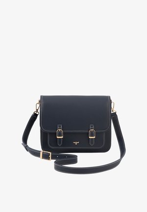 Námornícka kožená taška cez rameno s dvoma viditeľnými prednými prackami, zlatými kovovými doplnkami, nastaviteľným popruhom na rameno a bielym prešívaním.