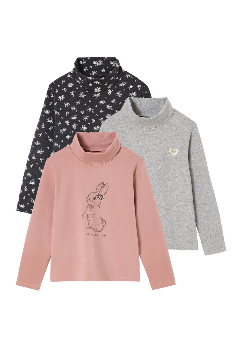 Drei Rollkragenpullover: pink mit einem Hasenmotiv, grau mit einem Herzakzent und schwarz mit weißen Blumenmustern. Weiches Baumwollmix-Material.