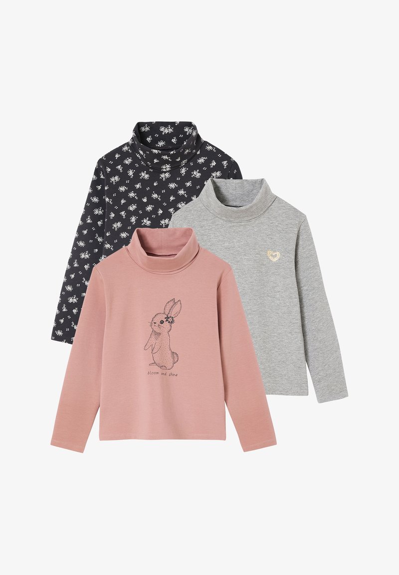 Drei Rollkragenpullover: pink mit einem Hasenmotiv, grau mit einem Herzakzent und schwarz mit weißen Blumenmustern. Weiches Baumwollmix-Material.